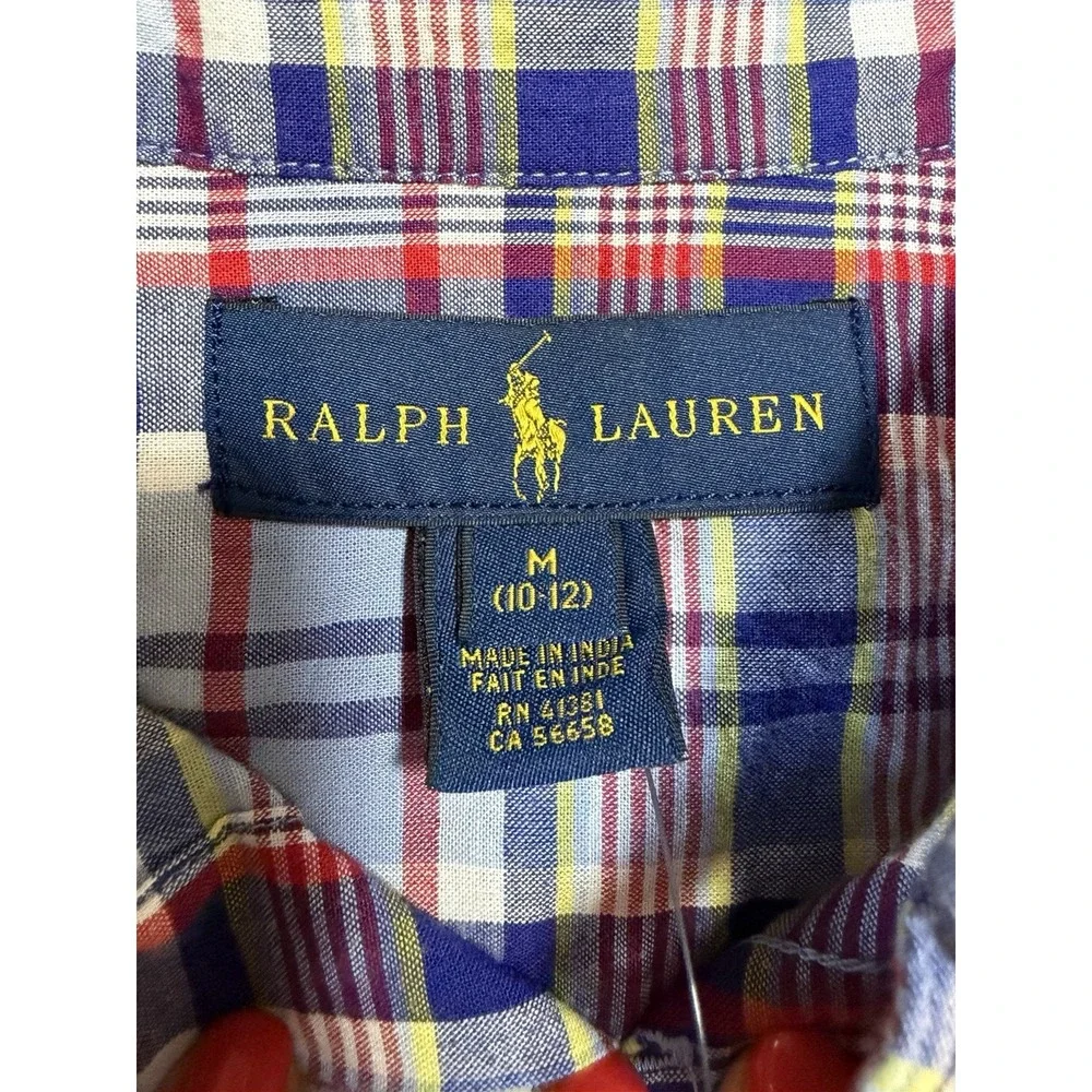 NWT Ralph Lauren Boys Short Sleeve Blue Red‎ Plaid Button Down Shirt M (10/12)